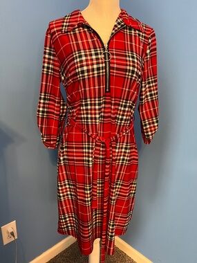 Mlle Gabrielle Red Plaid Long Sleeve Zip-Front Shirt Dress, Size M